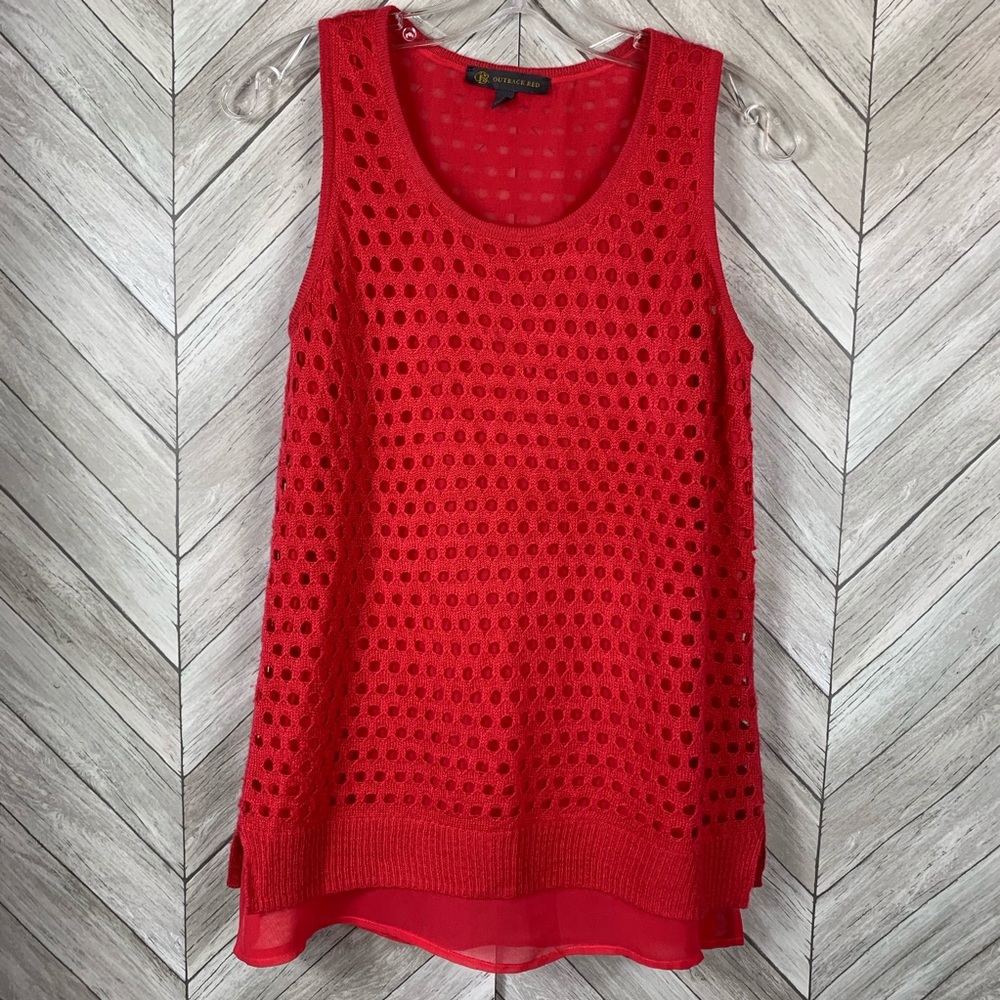 Outback red small tank top open knit overlay.